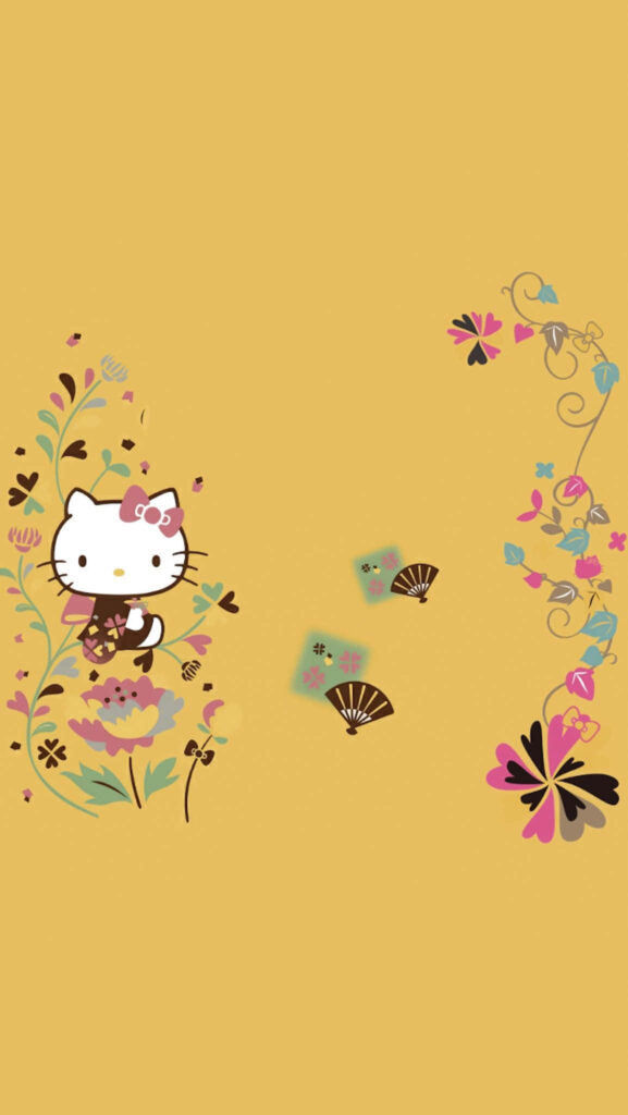 Charming Hello Kitty Wallpaper with Floral Elements on Yellow Background