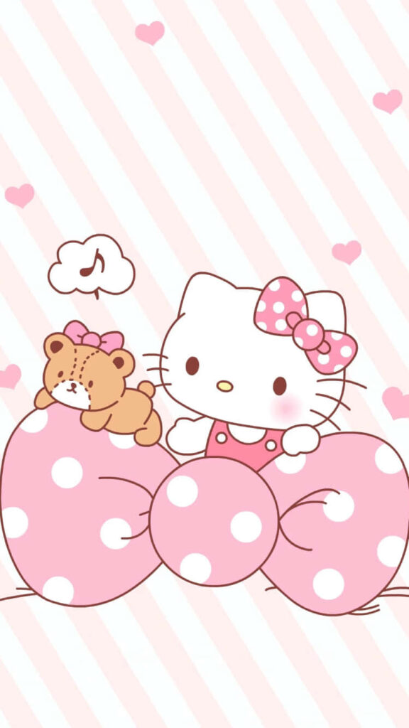 Charming Hello Kitty Wallpaper with Dotted Pink Ribbon & Teddy Bear