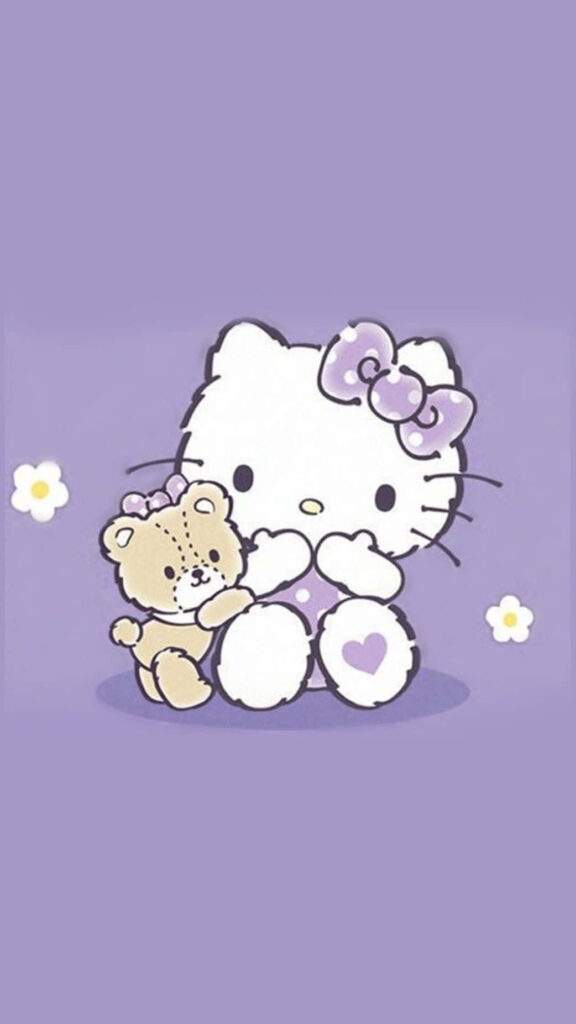 Hello Kitty Wallpaper: Cute Purple Bow & Teddy Bear on Floral Background