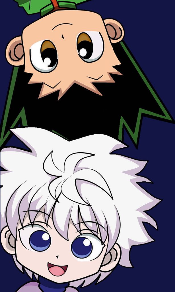 Chibi Gon Freecss hanging upside down above smiling Killua Zoldyck dark blue phone wallpaper