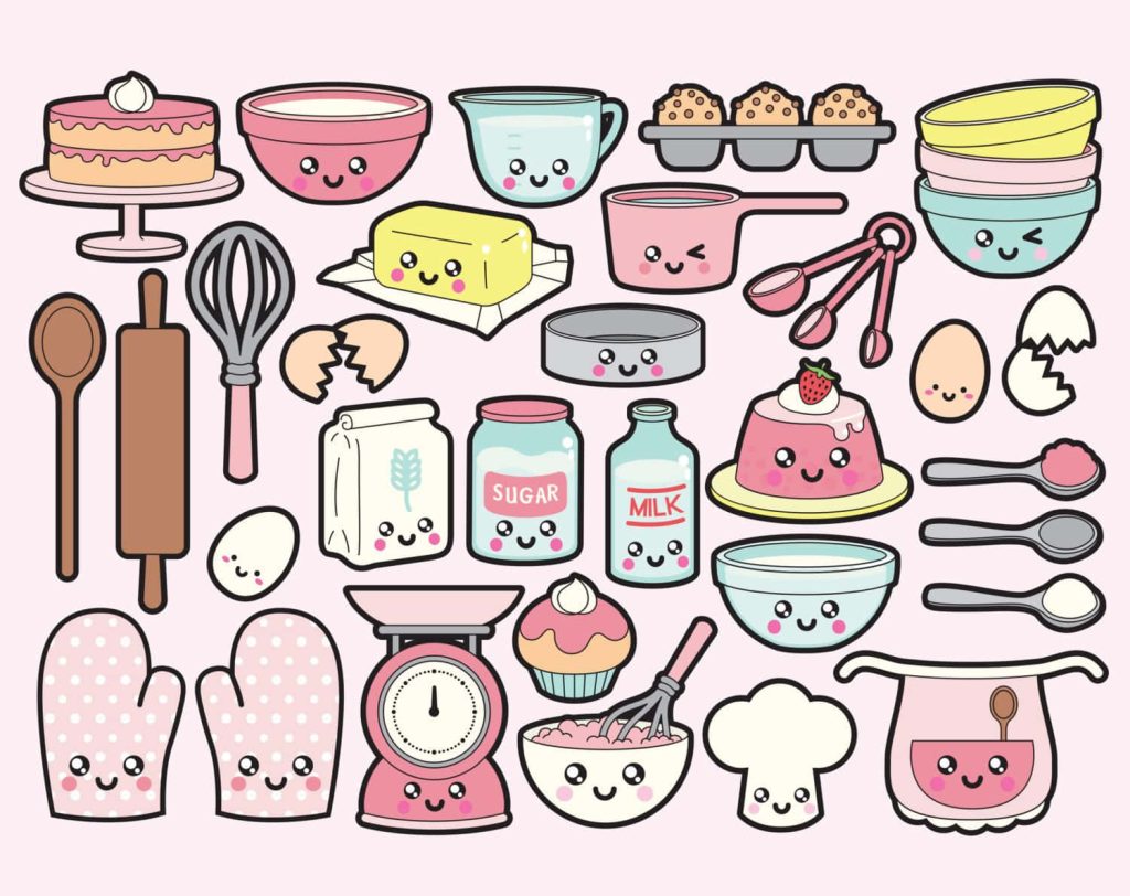 Cute kawaii wallpaper with happy baking tools and pastel sweet treats on pink background