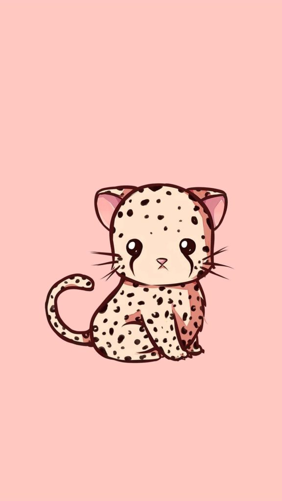 Chibi-style kawaii leopard cub with big eyes on soft pastel pink minimalist wallpaper background