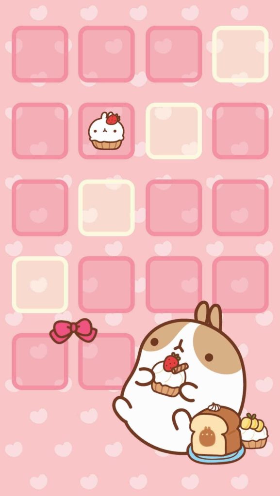 Cute kawaii Molang rabbit wallpaper with strawberry treats on soft pink heart background grid