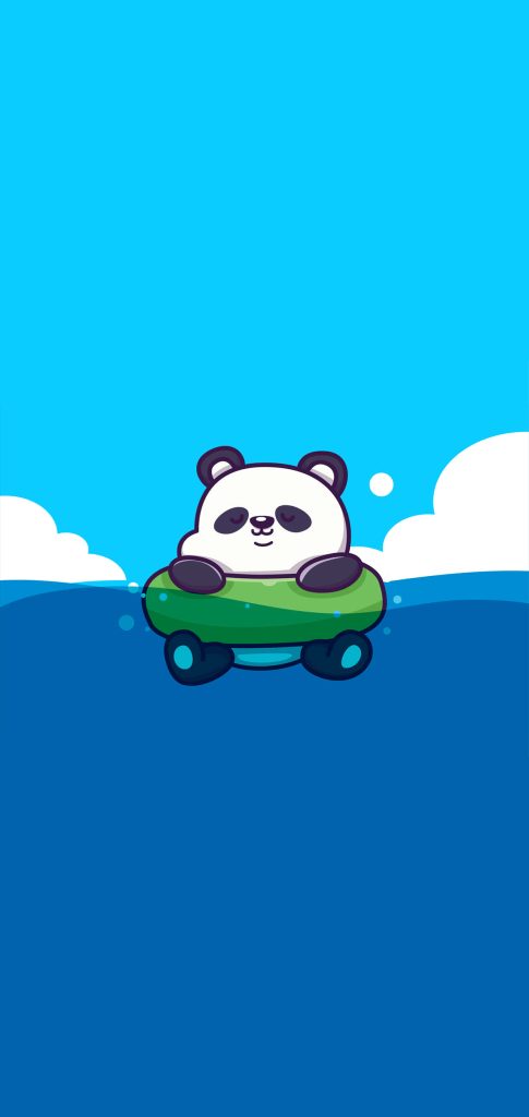 Kawaii cartoon panda floating on green tube in blue ocean with bright sky and clouds background Wallpaper