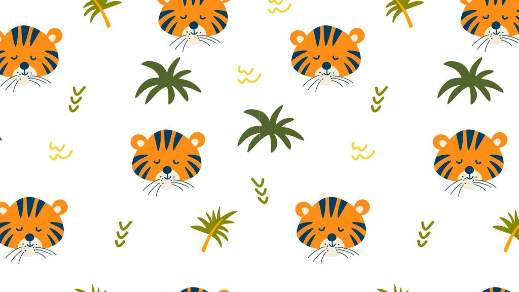 Kawaii tiger wallpaper with smiling tiger heads tropical leaves yellow accents on white background