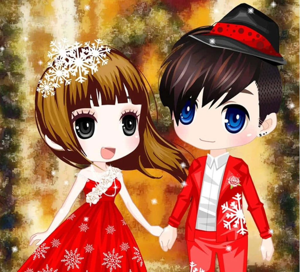 Festive Korean Anime Wallpaper: Cute Couple in Red with Snowflakes