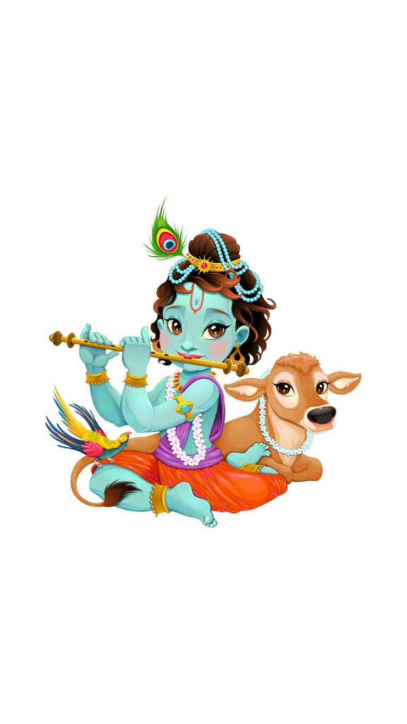 Divine Serenade: A Charming Krishna Engages with Nature in a Heavenly Setting Wallpaper