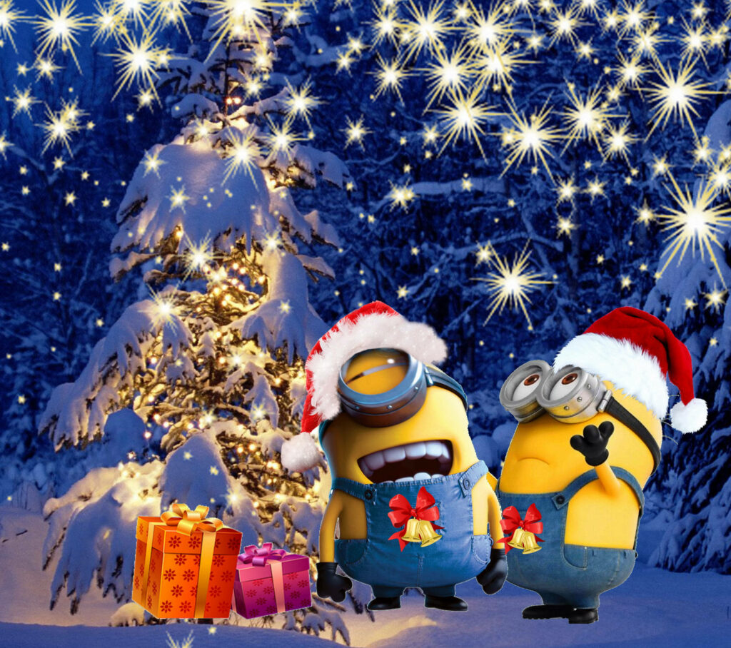 Festive Minion Delight: Adorable Santa-hatted duo beside snow-laden Christmas tree, amidst a starry night sky with sparkling magic! Wallpaper