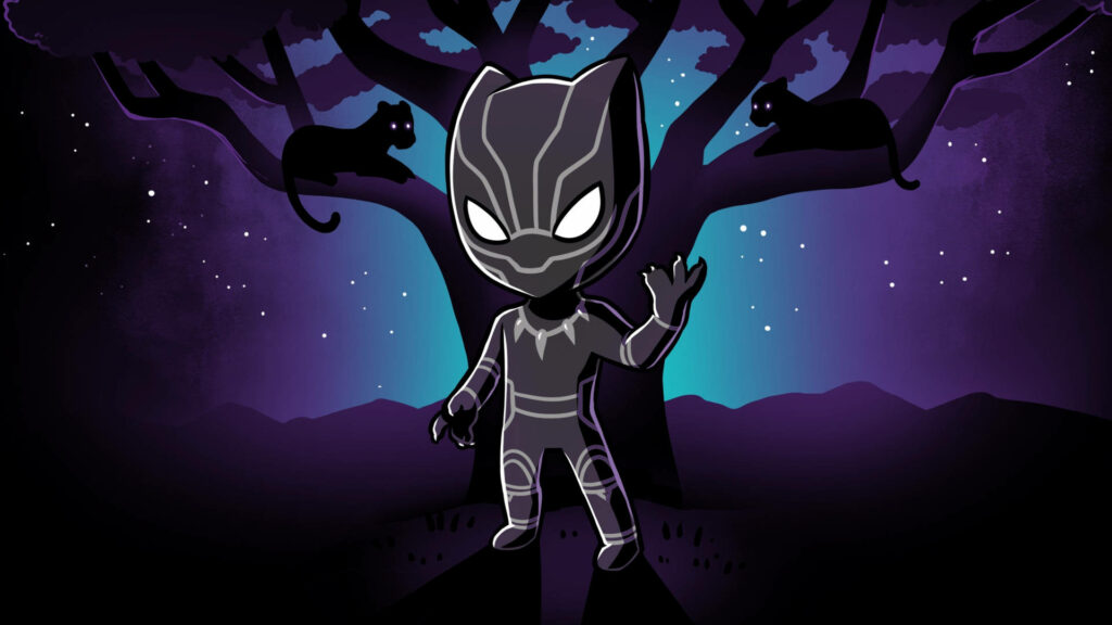 Mini Black Panther cartoon stands by panther silhouettes under starry night wallpaper background