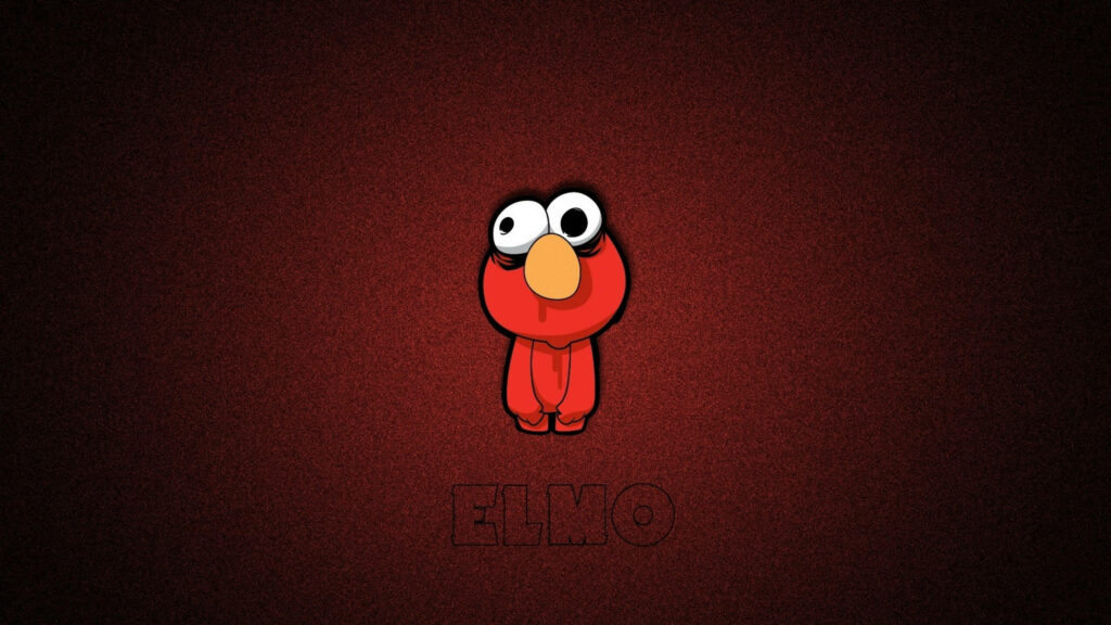 Cute mini cartoon Elmo with bright red fur and expressive eyes on textured dark red background Wallpaper