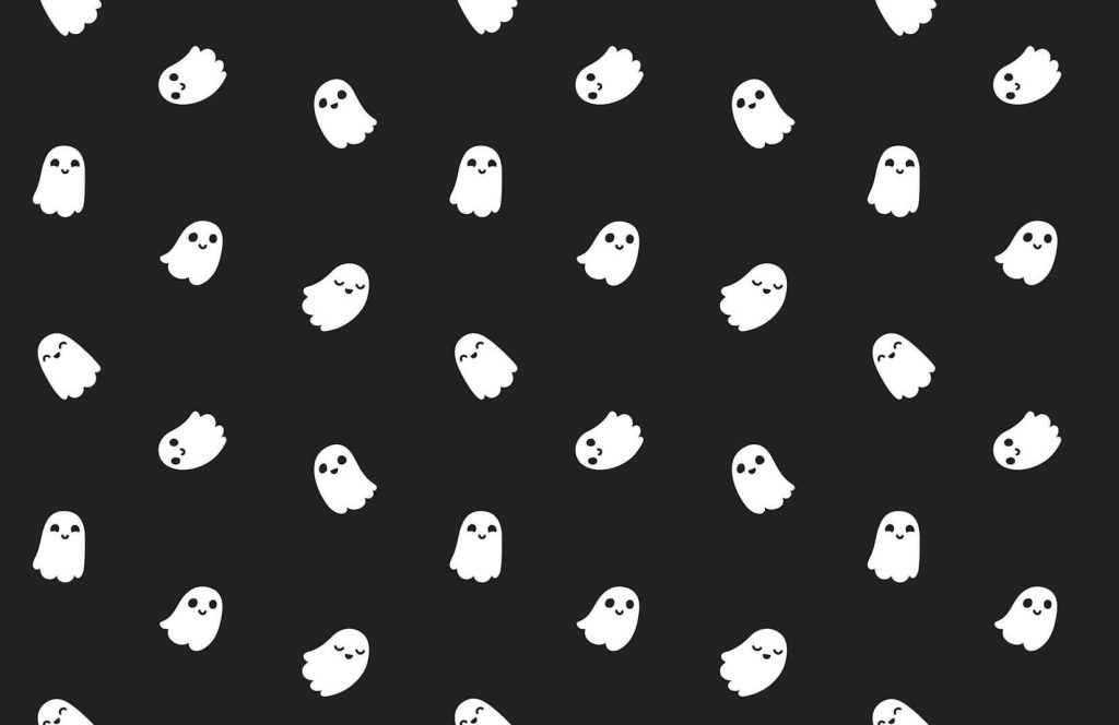 Cute Halloween ghost pattern wallpaper with friendly white cartoon ghosts on black background