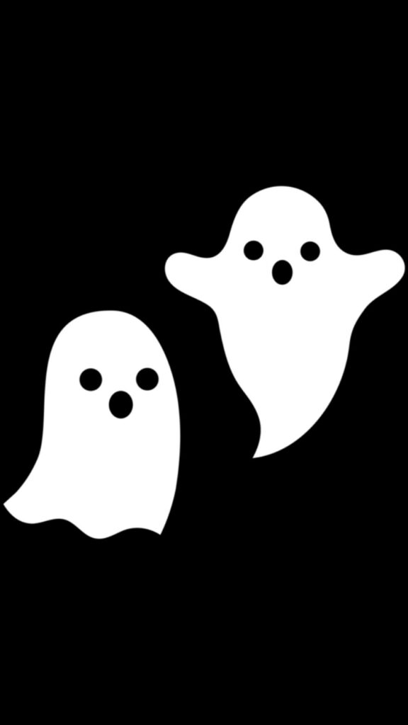 Two cute white ghost figures on black background Halloween wallpaper background design