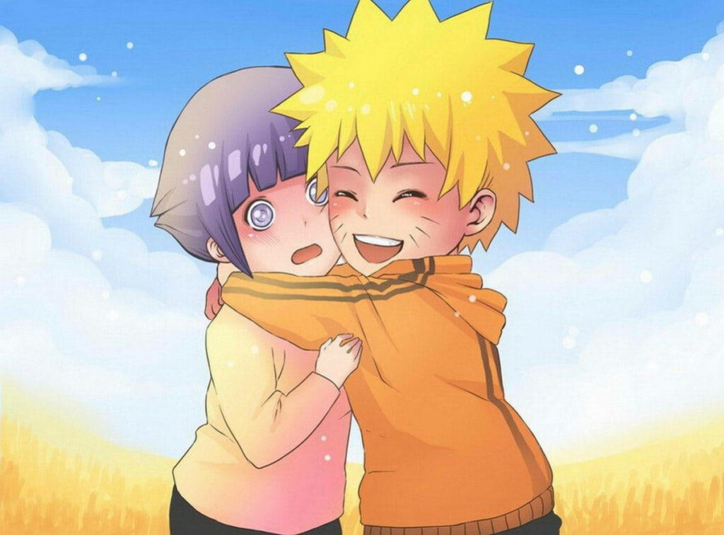 Captivating Anime Hug: Naruto and Hinata Embrace in a Scenic Field Wallpaper