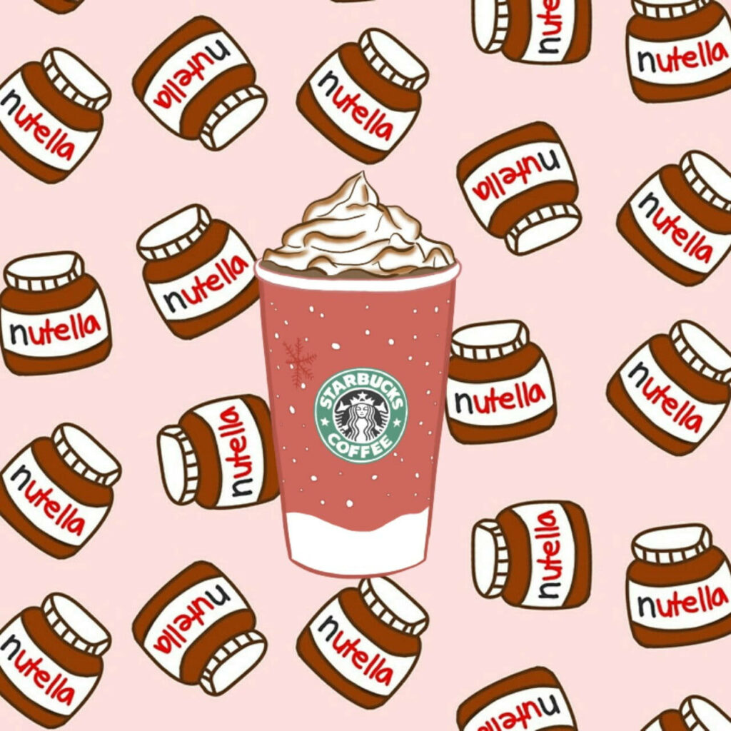 Playful Nutella jars pattern with central Starbucks cup and whipped cream on pink wallpaper background