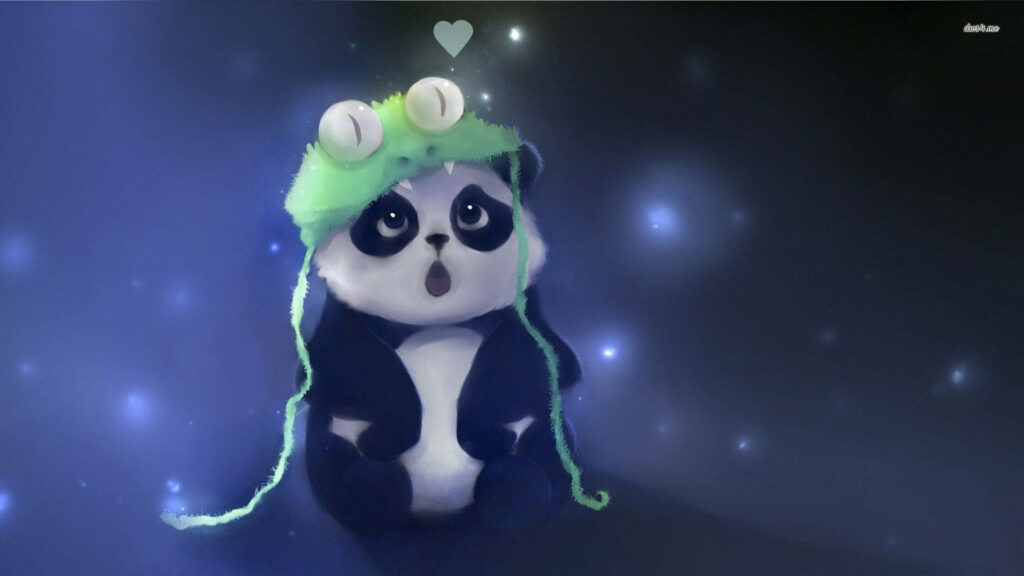 The Adorable Panda Rocking an Enchanting Green Monster Hat: A Delightful Digital Illustration Wallpaper