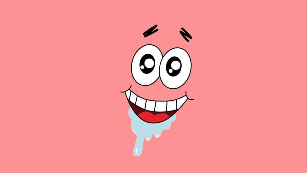 Minimalist Patrick Star laptop wallpaper with wide-eyed drooling grin on soft pink background