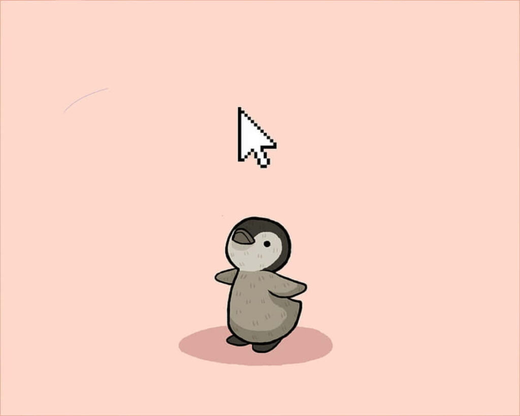 Cute Cartoon Penguin with Pixel Arrow on Soft Pink Wallpaper