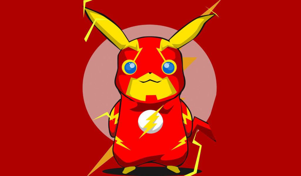 Superhero Pikachu: Embracing the Flash's Might in a Vibrant Red Background Wallpaper