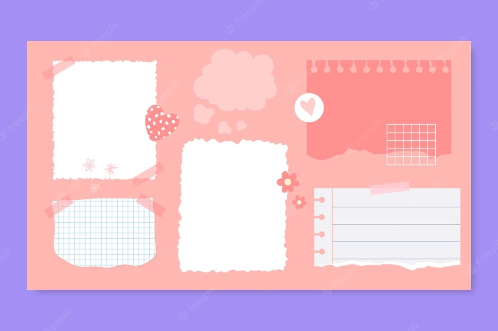 Cute pink desktop organizer wallpaper with torn paper frames lined notes grid stationery design
