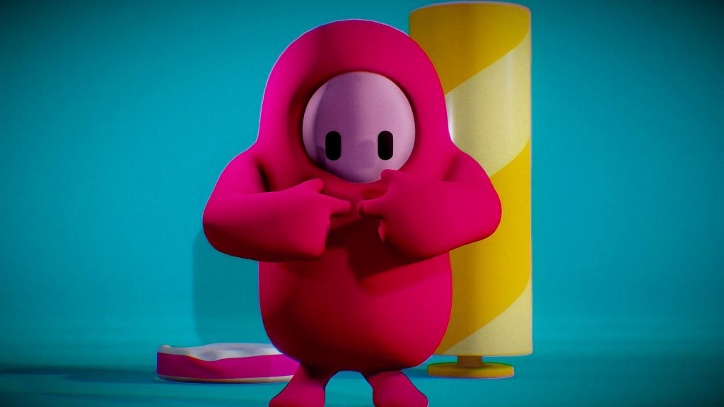 Fall Guys Ultimate Knockout pink bean character shy pose 3D CGI teal background wallpaper