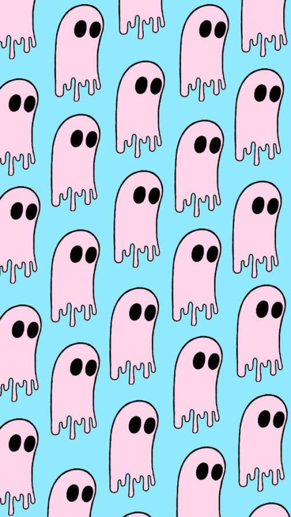 Minimalist pastel pink ghosts repeating pattern on baby blue background whimsical wallpaper