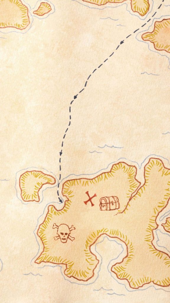Whimsical pirate treasure map wallpaper with parchment island blue sea dashed path red X skull