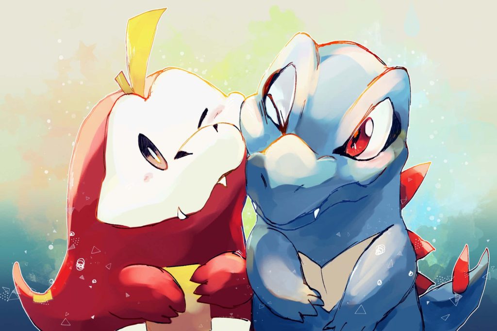 Digital drawing of Pokémon starters Fuecoco and Totodile with vibrant dreamy background wallpaper