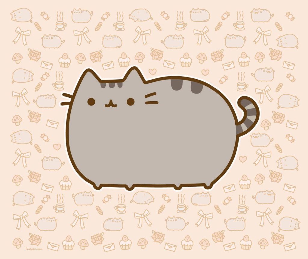 Cute Pusheen Cat iPad wallpaper with pastel ribbons and hearts for cozy tablet background