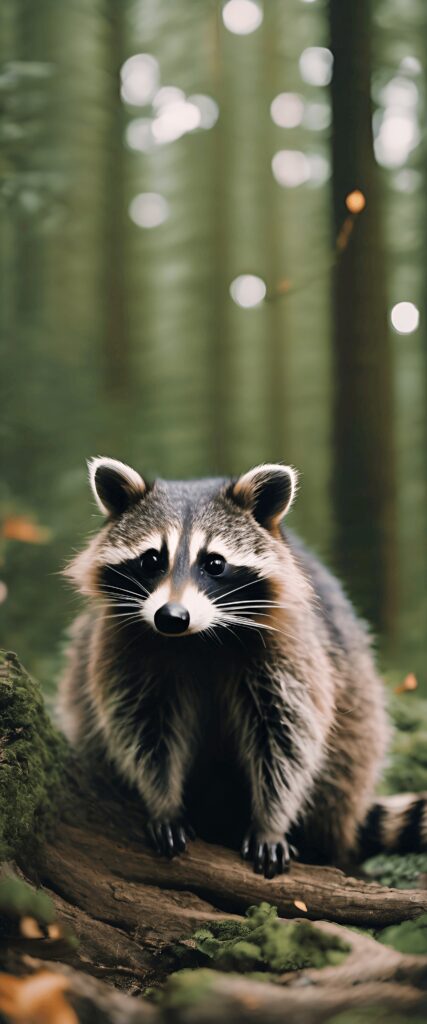 Cute Raccoon Wallpaper: Fluffy & Curious in Blurred Forest