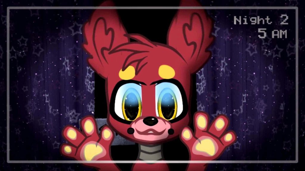 Stylized red fox with big eyes and paw pads on dark starry FNAF Night 2 5 AM wallpaper background