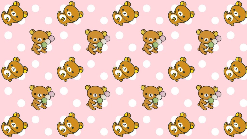 Cute Rilakkuma enjoying dango pattern on vibrant pink polka dot kawaii kidcore wallpaper