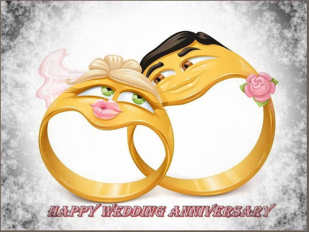 Cute digital illustration of two anthropomorphic golden wedding rings celebrating love anniversary Wallpaper