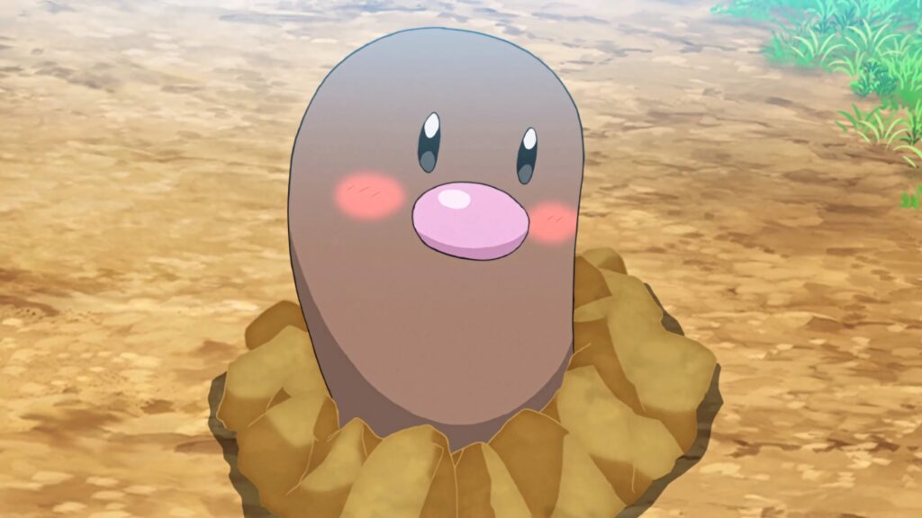 Cute shy Diglett emerging from earthy background classic anime style Pokémon wallpaper image