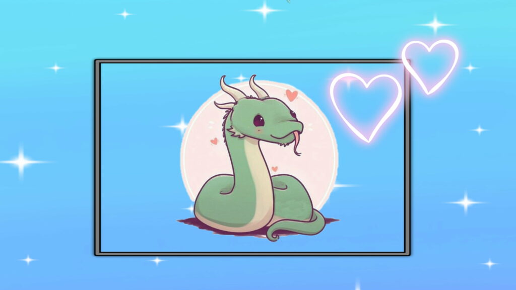 Cute green dragon digital art with tiny horns and neon hearts on sparkling blue background Wallpaper
