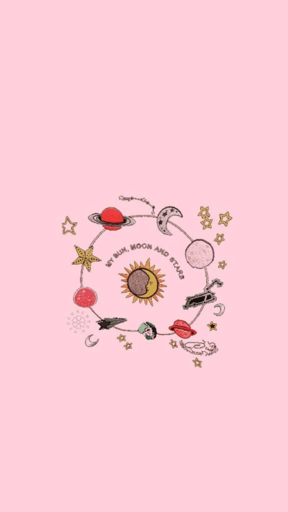 Embroidered solar system phone wallpaper with sun moon stars on soft pink background cozy design