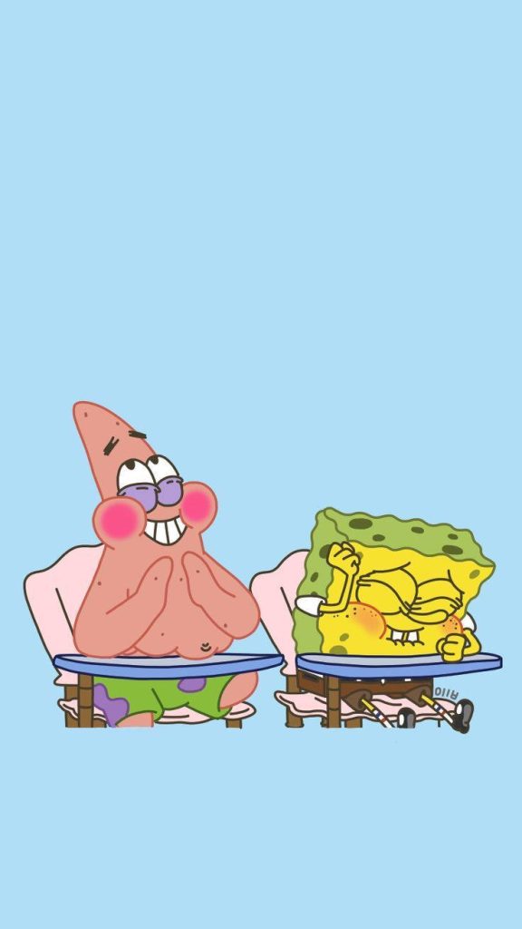 SpongeBob and Patrick blushing in class cute 2D digital wallpaper pastel blue background