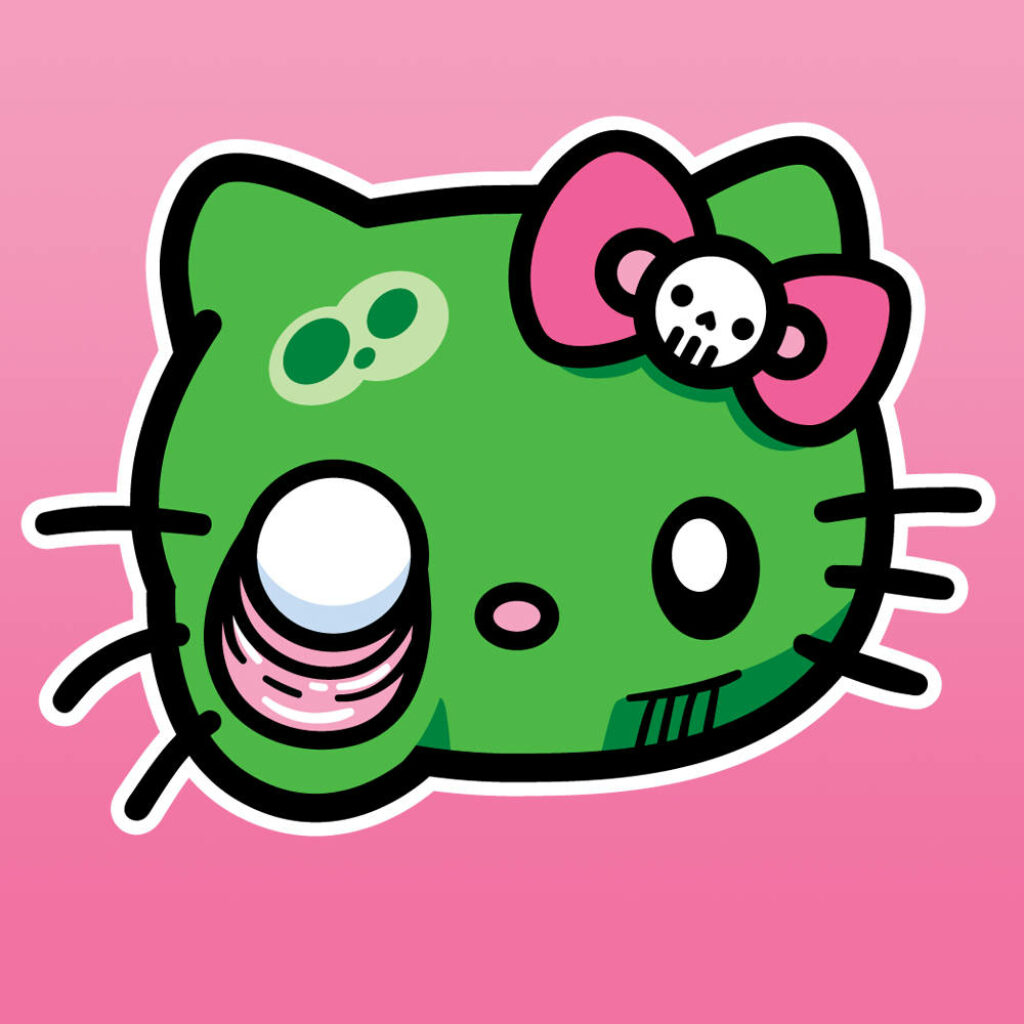 Spooky Cute Hello Kitty Wallpaper: Green Face & Pink Skull Bow