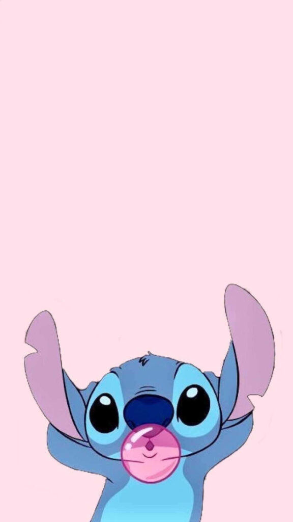 Whimsical Stitch Wallpaper: Cute Bubble Blower on Soft Pink Background