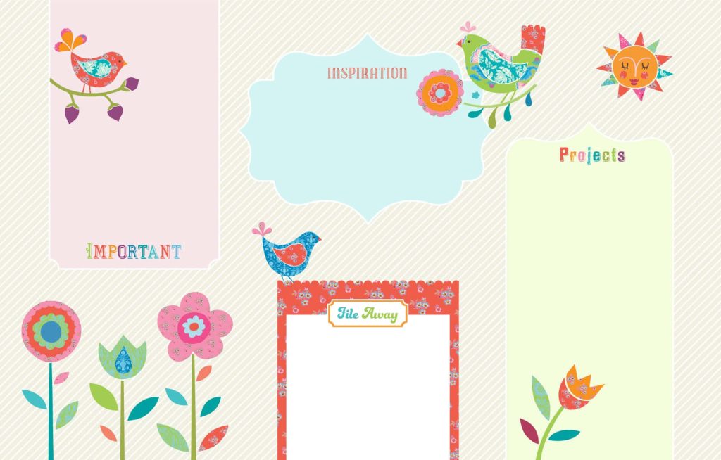 Whimsical summer desktop wallpaper with pastel stripes labeled organization sections and colorful birds