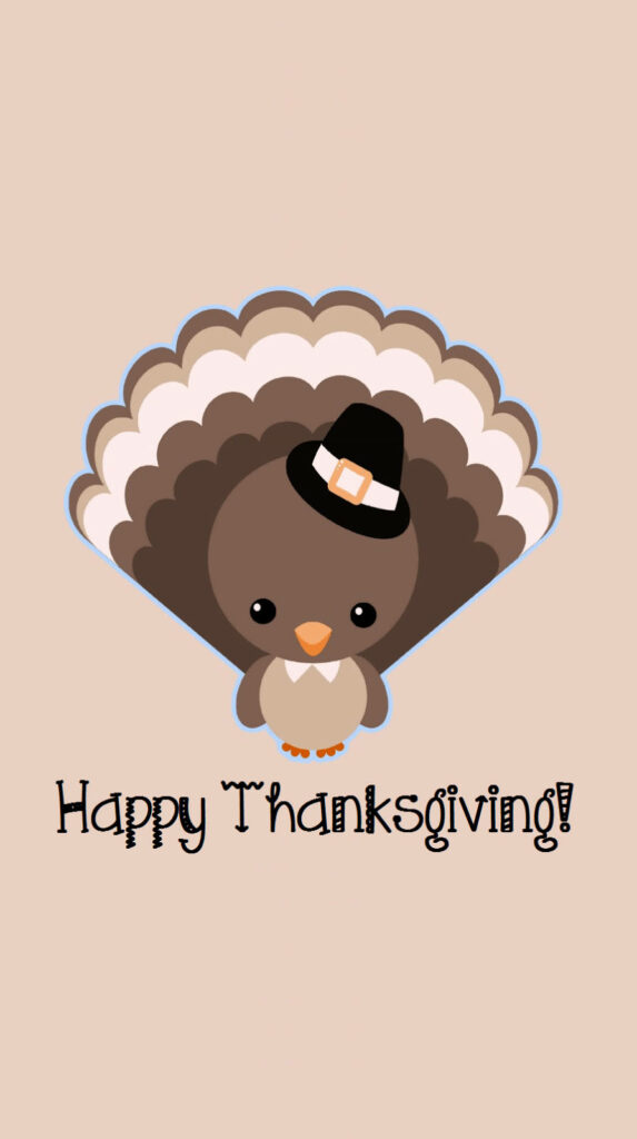 Cute cartoon turkey with pilgrim hat and Happy Thanksgiving message on beige background Wallpaper