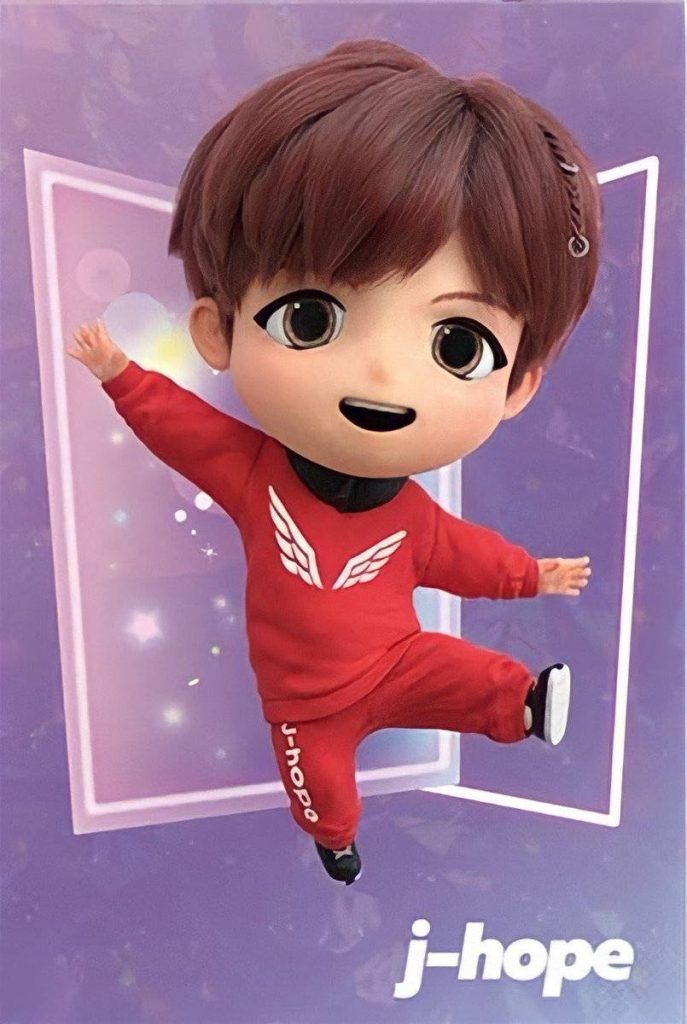 TinyTan J-Hope in red Mic Drop tracksuit 3D cartoon on sparkling purple BTS fan wallpaper