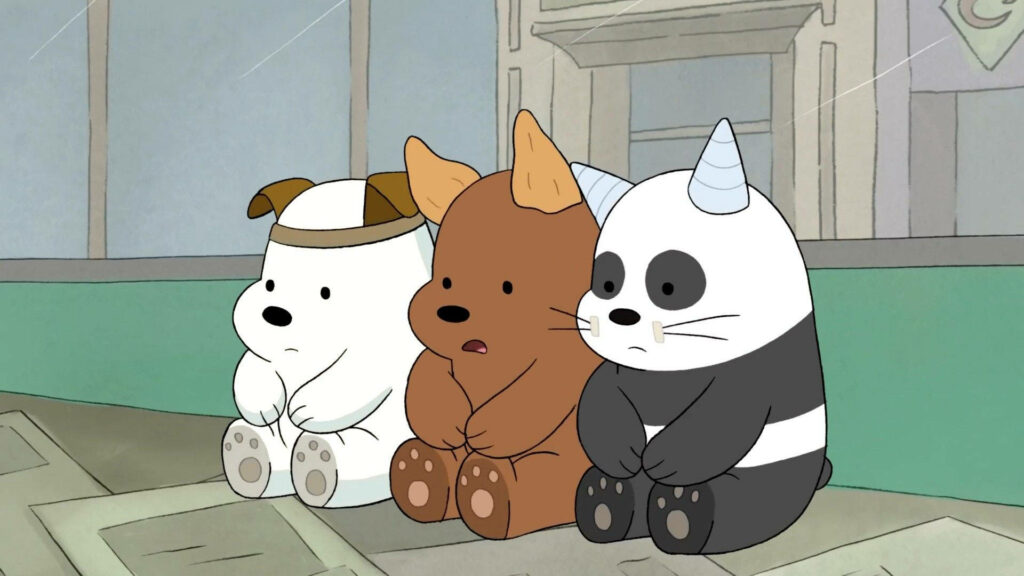 Adorable Toddlers Meet We Bare Bears: A Cartoon Wallpaper of Ice, Pan-pan and Grizz Enjoying the View