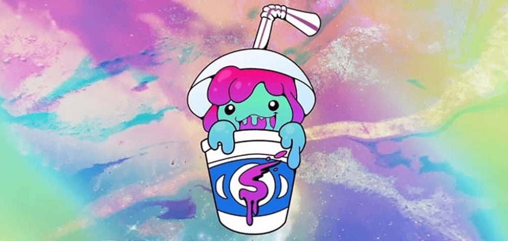 Cute turquoise monster with neon pink hair in slushy cup on pastel rainbow marbled wallpaper
