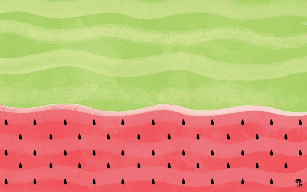 Minimalist watermelon wallpaper with wavy green rind and pink red fruit layers with black seeds