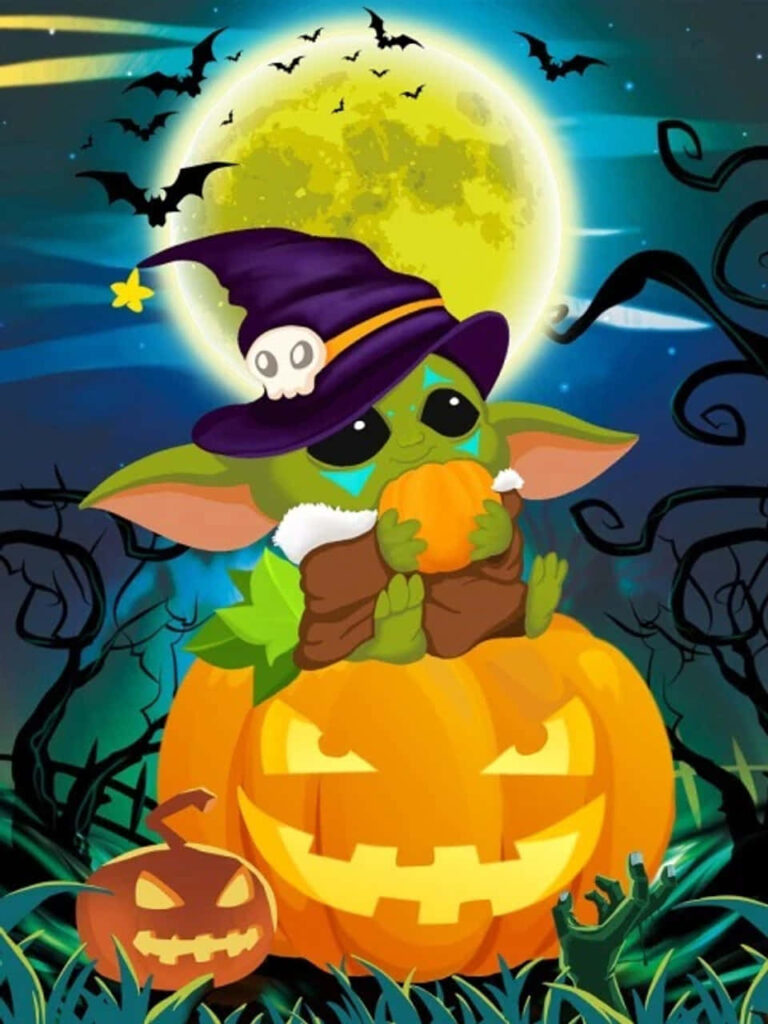 Cute Witch Creature Halloween Wallpaper with Pumpkins & Full Moon