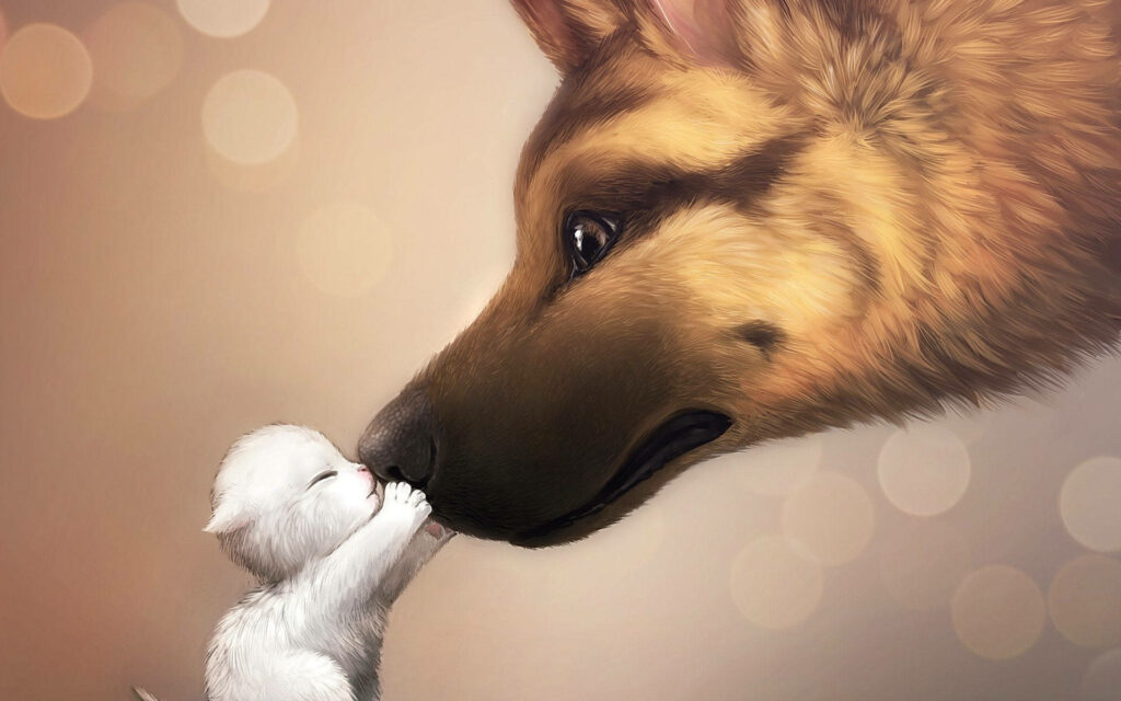 Adorable Cartoon Wolf & Cat Nose Touch - Heartwarming Wallpaper