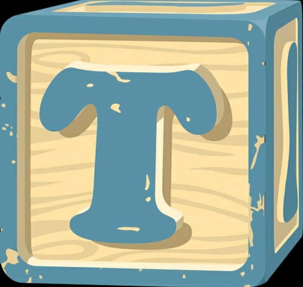 Cute wooden alphabet block letter T blue frame light wood grain nursery nursery decor Wallpaper