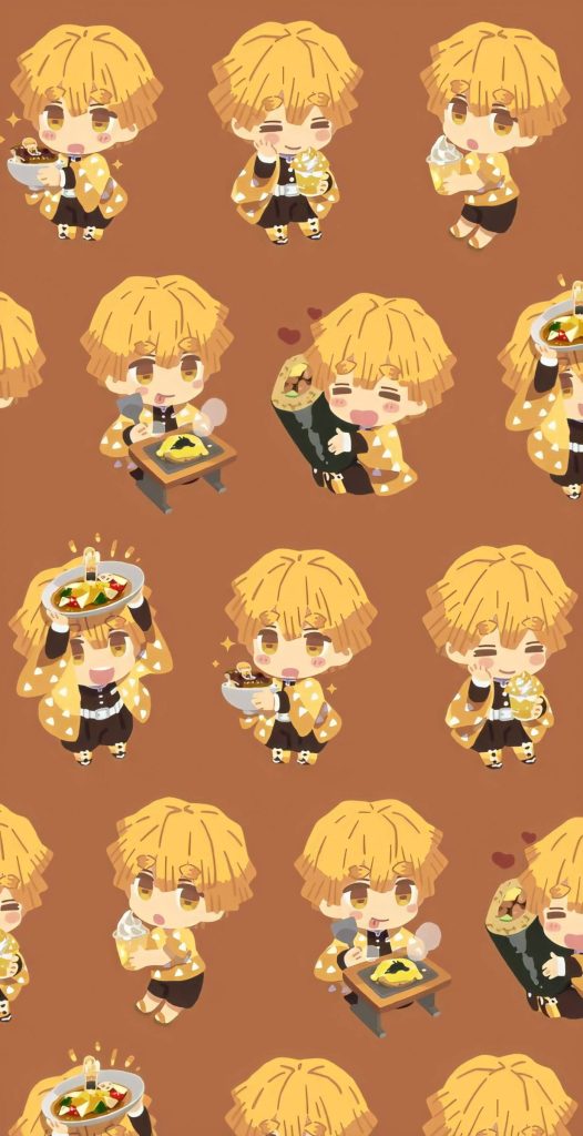 Chibi Zenitsu Agatsuma enjoying snacks on warm brown background anime wallpaper design