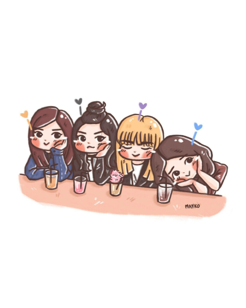 Heartwarming Chibi Blackpink Cartoon: Adorable Blushing Characters Enjoying Drinks with Heart Stickers in Background Wallpaper