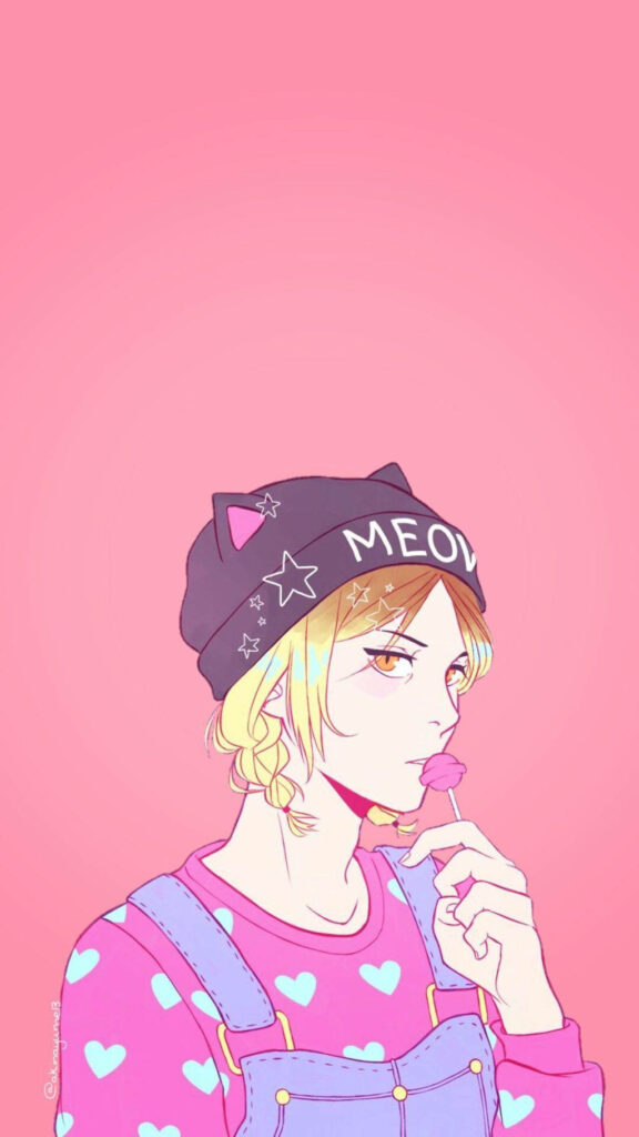 Kenma's Adorable Sweet Tooth: A Vibrant Haikyuu Fan Art featuring a Lollipop-Loving Cat-Eared Kenma in Pink Hearts and Denim Wallpaper